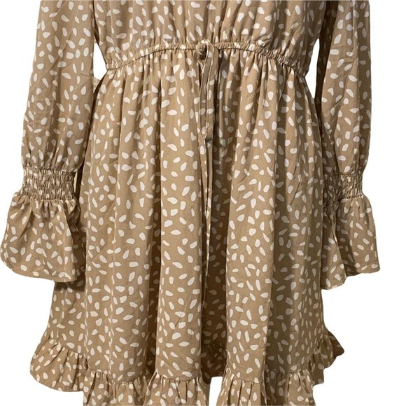 Mainstrip High Neck Ruffled Long Sleeve Beige White Polka Dot Dress Size Large - Picture 5 of 10
